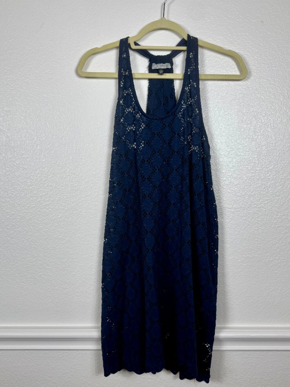 J Valdi Swim Cover Up Dress Large Navy Eyelet Crochet Scoop Halter Resort Cruise